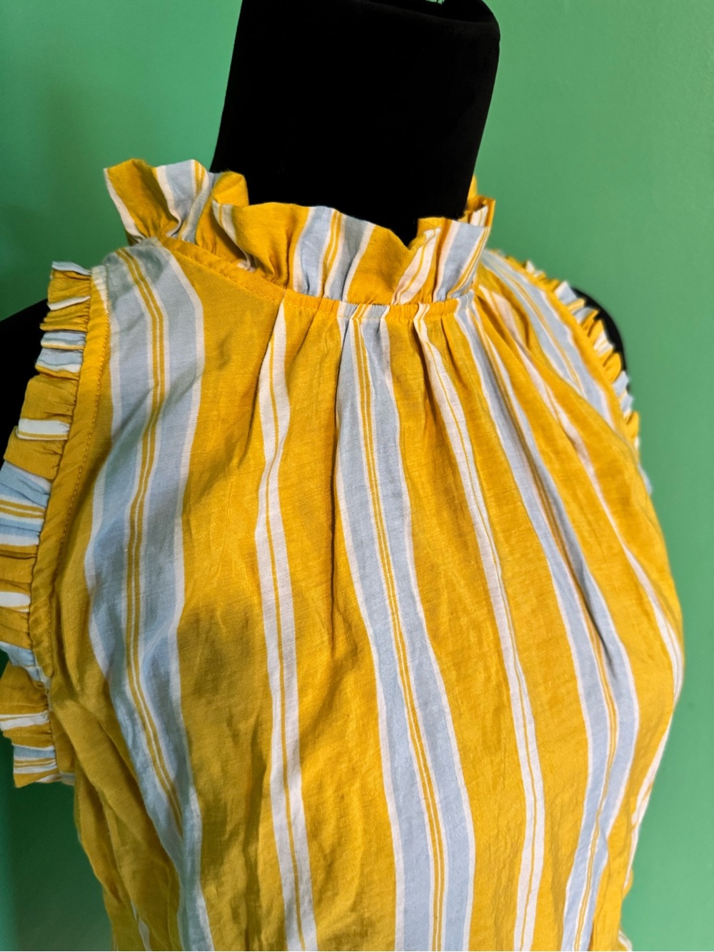 Ann Taylor Yellow & White Striped Ruffle Neck Sleeveless Top